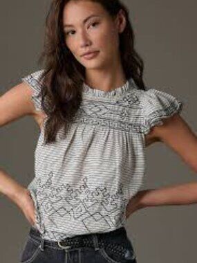 By Anthropologie Flutter-Sleeve Embroidered Babydoll Blouse White/Black Size XS